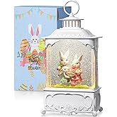 Blansong Easter Snow Globe Bunny Snow Globe Lantern with Timer, USB and Battery Powered Easter Decorations for Home Bunny Family 10.2 inch