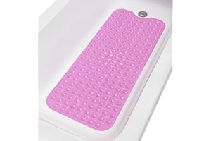 TIKE SMART Extra-Long Non-Slip Bathtub & Shower Mat 39”x16” (Smooth/Non-Textured Tubs Only) Safe, Clean, Machine-Washable, Superior Grip&Drainage, Vinyl, Opaque Pink