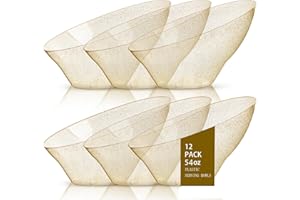bUCLA 12 Pack Gold Glitter Plastic Serving Bowls - 54 OZ Angled Serving Bowls Disposable for Chip,Candy, Snack,Salad & Fruit - Ideal for Party, Wedding & Thanksgiving