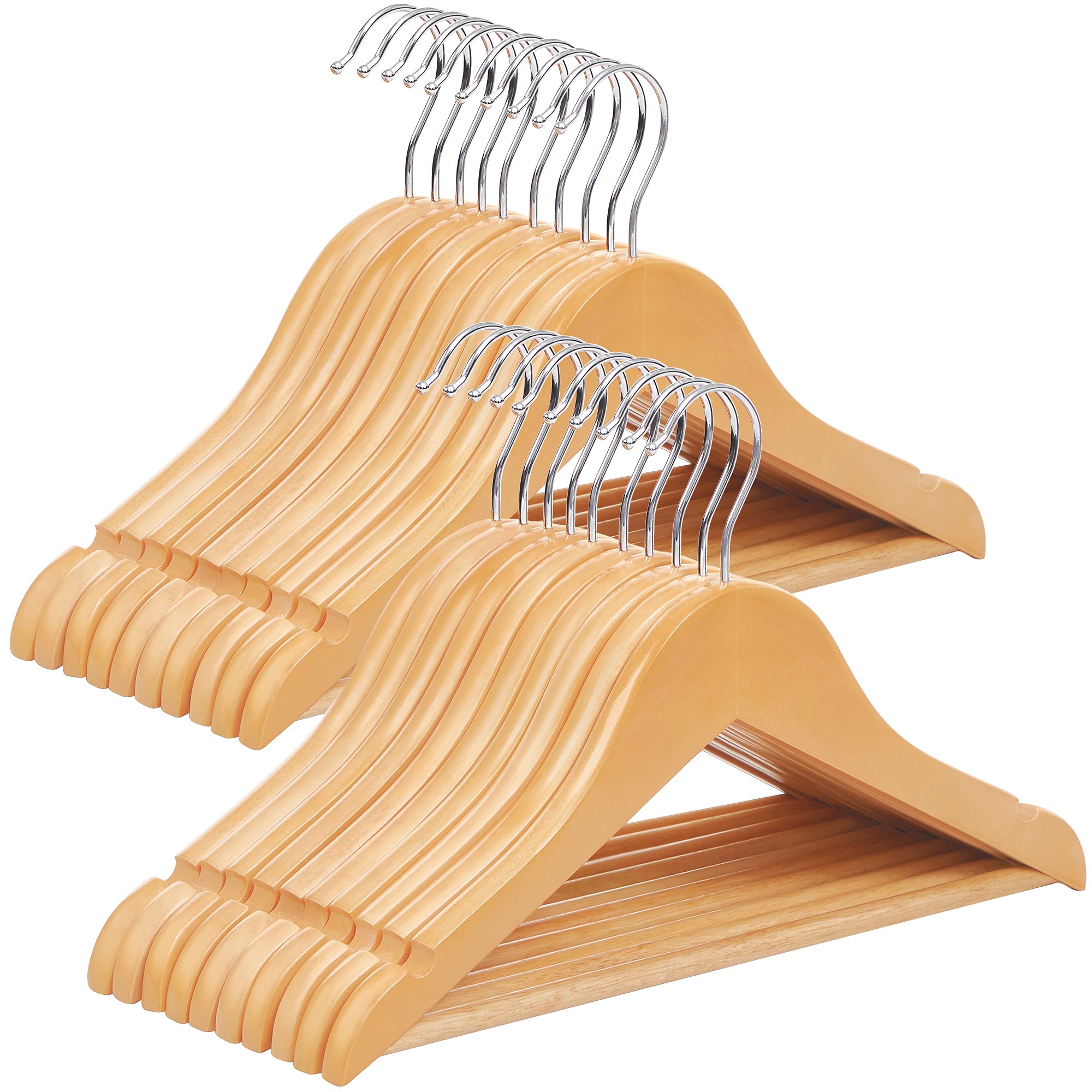 SONGMICS Wood Children’s Hangers, 20-Pack Kid’s Clothes Hangers, with Trousers Bar, Shoulder Notches, 360 Degree Swivel Hooks, 35 x 1.2 x 20 cm, Natural CRW006-20
