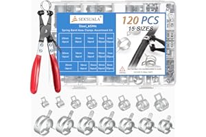 120Pcs 1/4" to 1" (6-25mm) Spring Band Hose Clamps Assortment Kit with Swivel Flat Hose Clamp Plier, SEKSUALA Constant Tension Steel Clamps for Fuel Lines, Silicone,Vacuum Hoses (Grey)