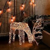 Alpine Corporation 24" Tall Outdoor Rattan Grazing Reindeer Lawn Decoration with White LED Lights, Indoor/Outdoor Christmas Holiday Yard Decor Garden Display