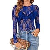OFEEFAN Womens Mesh Tops Lace Long Sleeve Shirts Crewneck Slim Fitted Outfits See Through Blouses