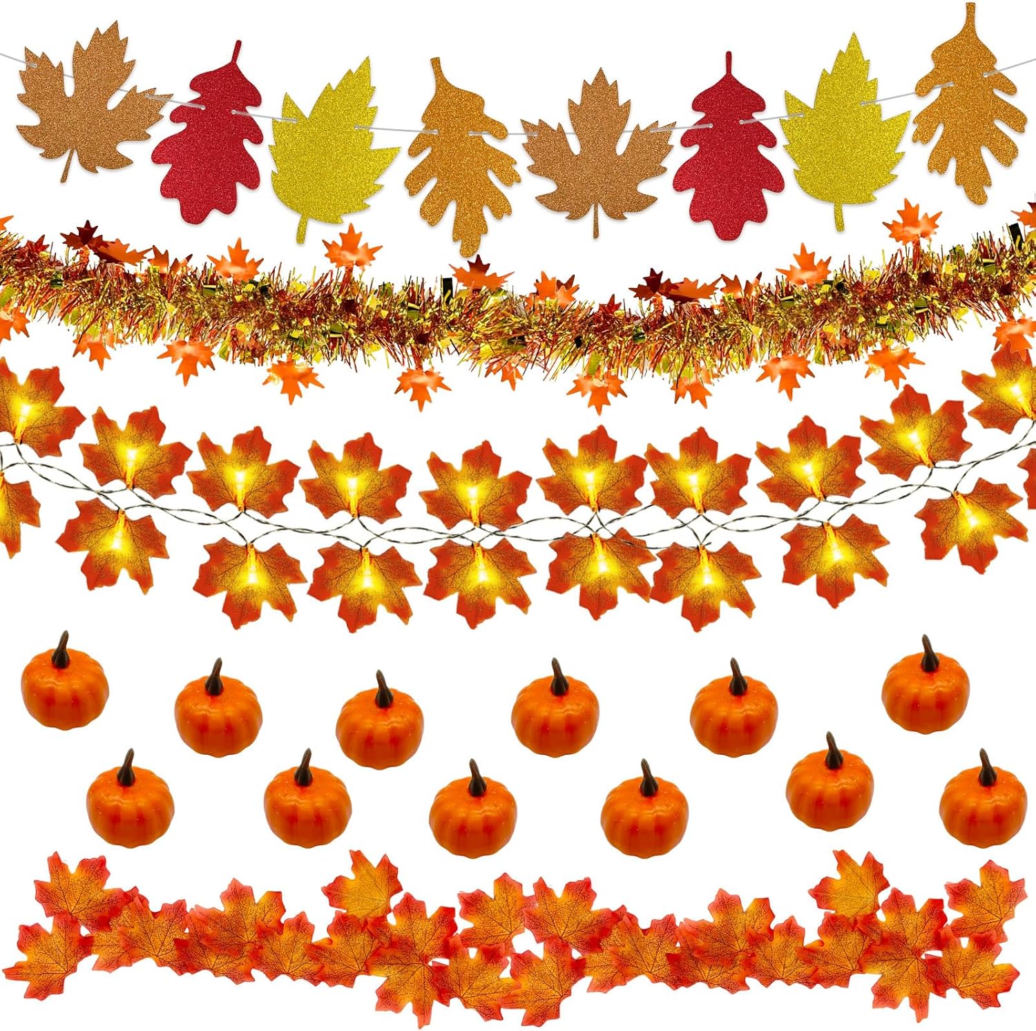 Wreaths, Garlands & Swags - Fall Decorations,40LED Maple Leaves String Light Thanksgiving Glitter Tinsel Garland Hanging Banner Artificial Maple Leaves Fake Pumpkin for Wedding Autumn Harvest Party Halloween Decor(Pumpkin Light)