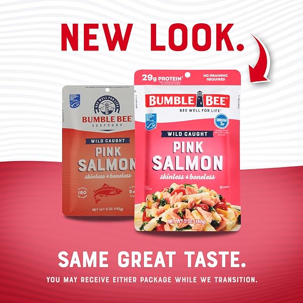 BUMBLE BEE SKINLESS & BONELESS PINK SALMON, 5 OZ POUCH – PREMIUM WILD CAUGHT SALMON FOR SNACKS, SANDWICHES & RECIPES – 29G PROTEIN PER SERVING – GLUTEN FREE, KOSHER, MSC CERTIFIED