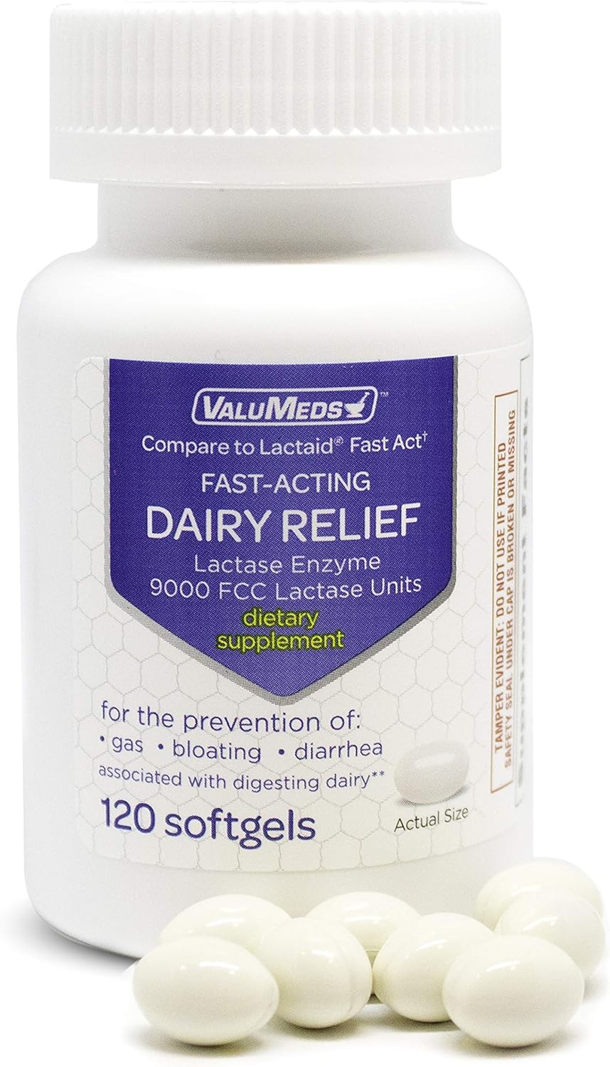 ValuMeds Fast Acting Dairy Relief Lactose Enzymes, 120 Softgels, Help Prevent Gas, Bloating, Diarrhea, Intolerance, or Sensitivity, Comparable to Lactaid: Health & Personal Care