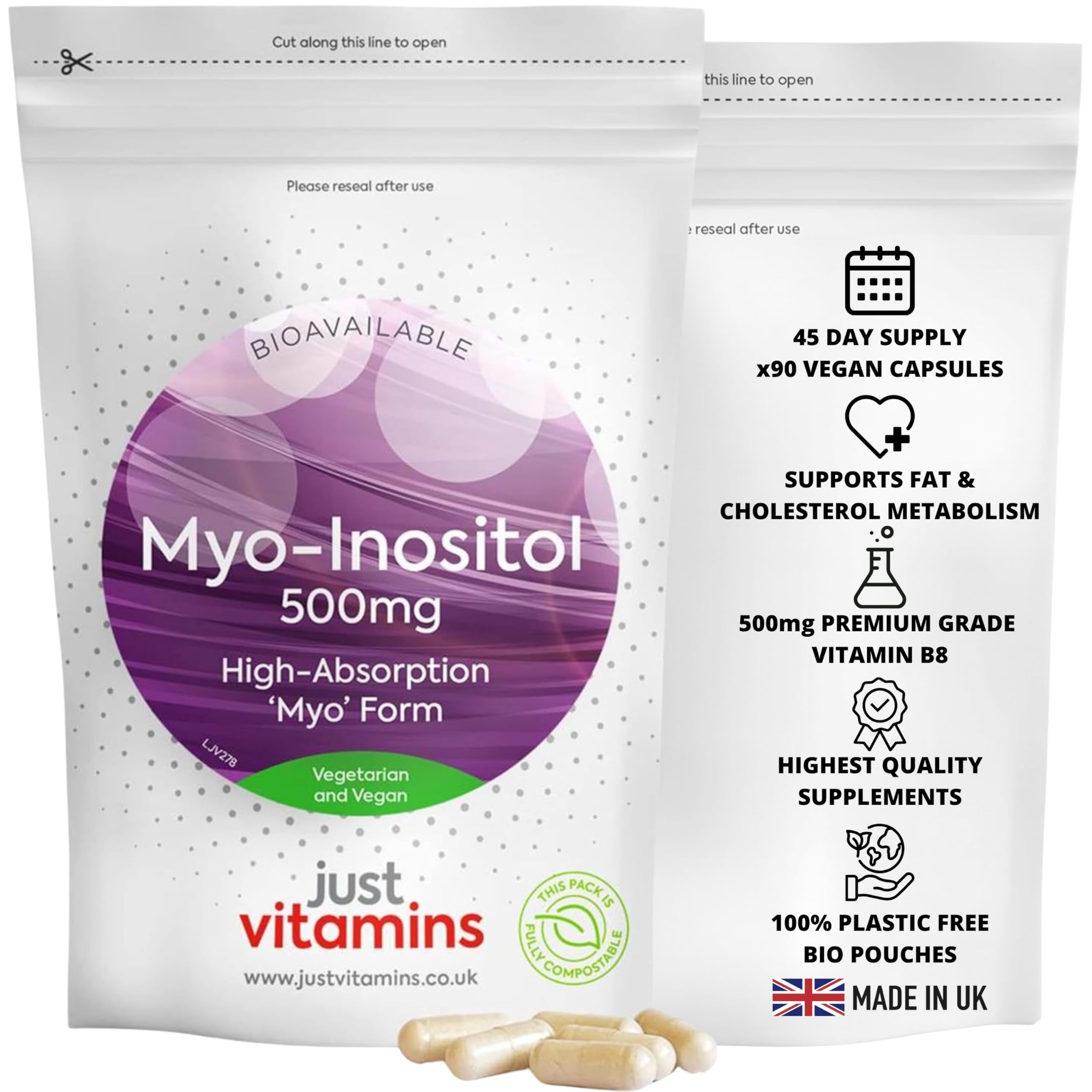 Myo-Inositol 500mg | 90 Vegan Capsules | Premium Quality Vitamin B8 for Female Hormone, PCSO, Fertility, Ovarian & Cycle Support | UK Made - Just Vitamins