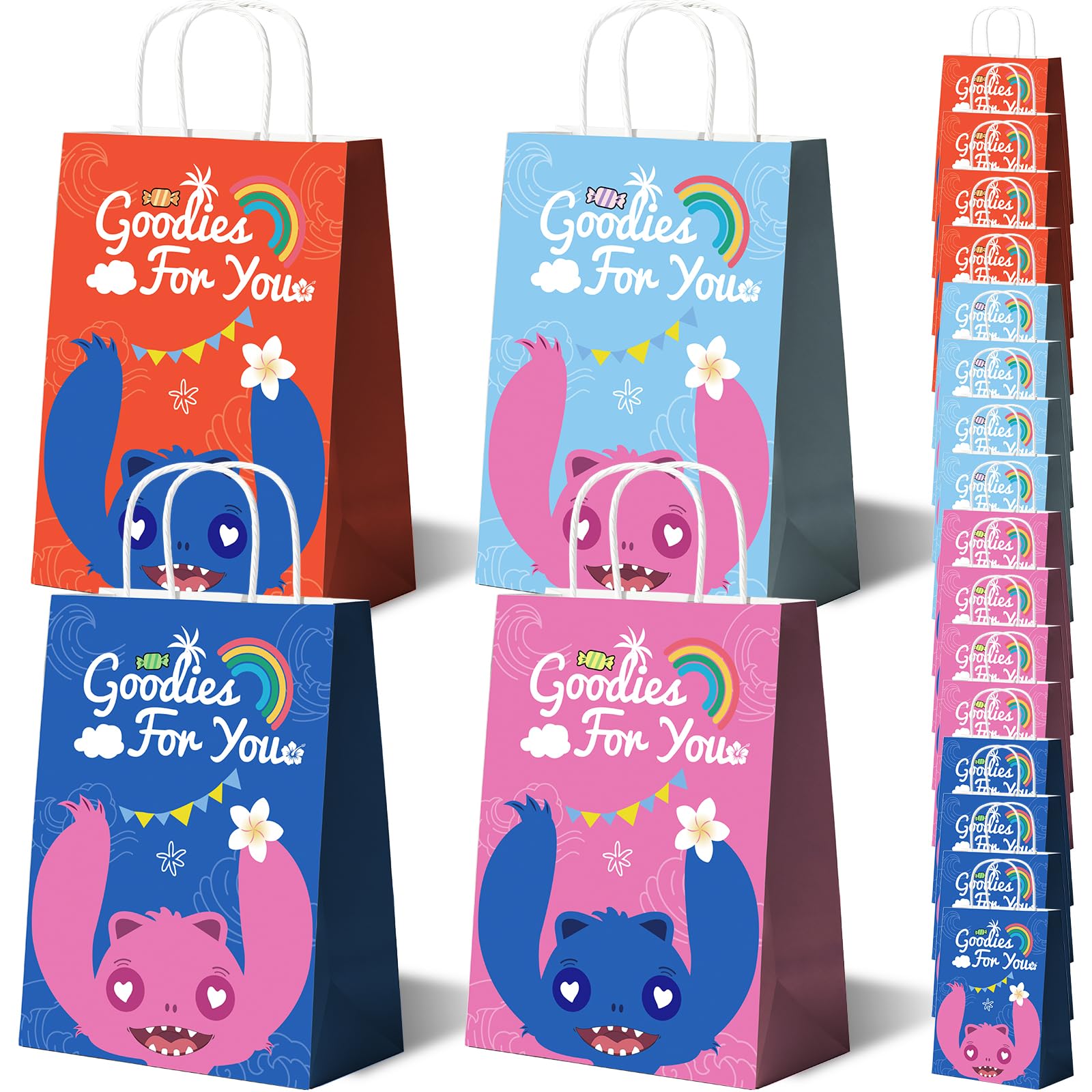 Photo 1 of 16 Pack Tropical Rainbow Party Favor Bags with Handles - Cute Cartoon Goodie Bags for Kids Birthday, Luau, Summer Beach Theme - Colorful Paper Treat Gift Bags for Classroom Prizes & Candy (Pink Blue Red)