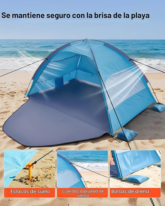 Tienda de playa para 3 personas, carpa de refugio de sol protección upf 50+, carpa portátil de playa con bolsa de transporte y bolsillos para arena, para acampar, pescar, picnics al aire libre