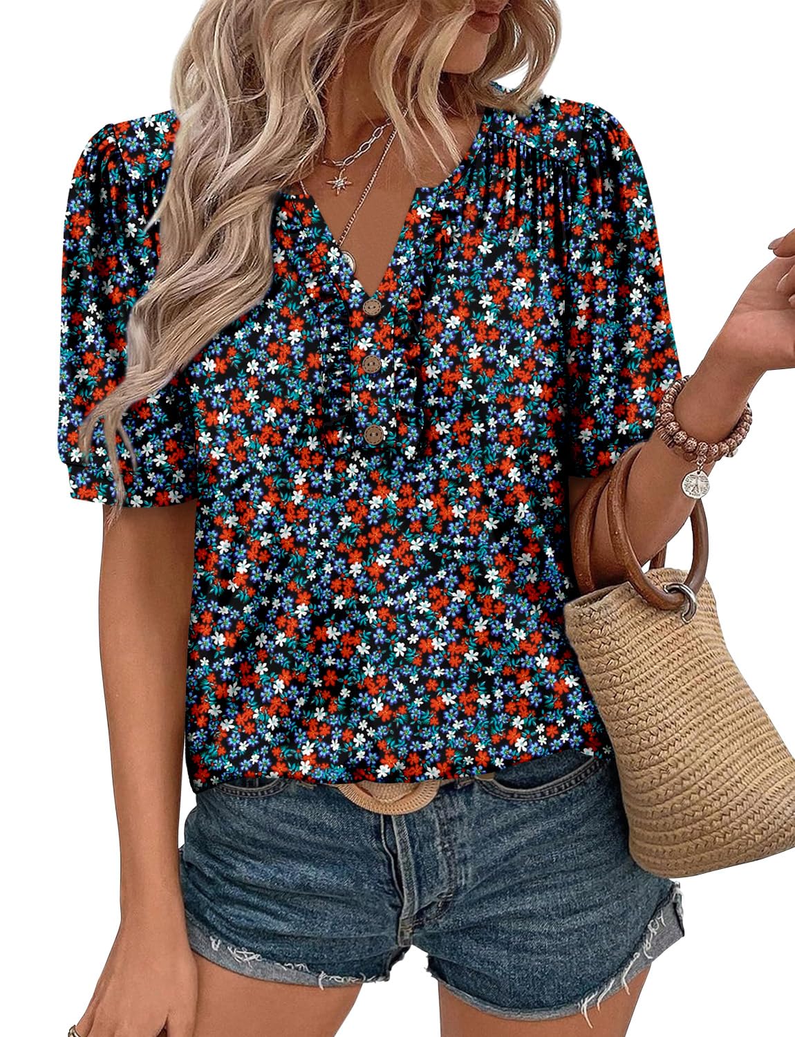 KISSMODA Women's Tunic Tops Casual V Neck Short