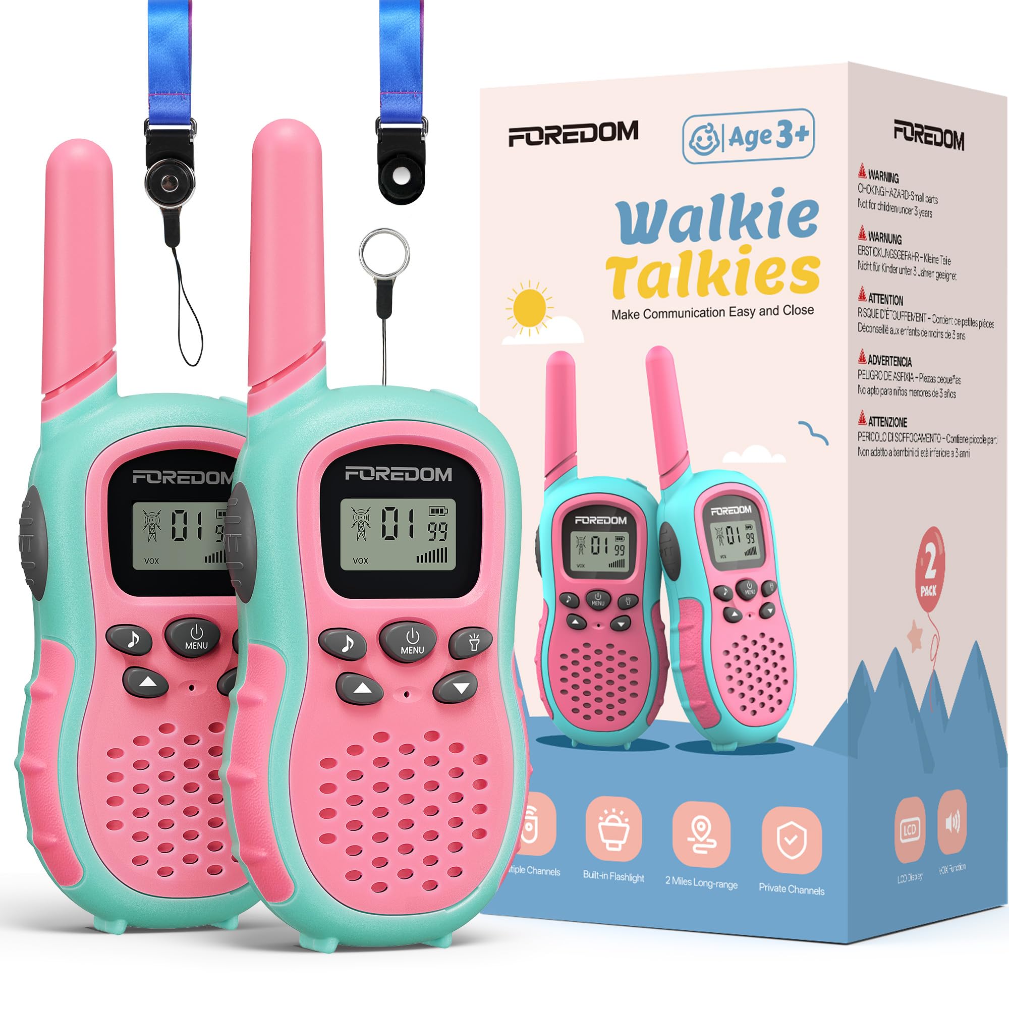 FOREDOM Walkie Talkies for Kids Walkie Talkies Long Range for Boys Age 3 to 12 Year Old Birthday Toys with Flashlight, Lanyards, 2 Pack - Pink
