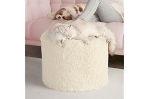 Hansleep Round Pouf Ottoman Foot Rest, 17 x 14 Small Faux Fur Stuffed Pouf for Chair, Foam Filled Foot Stools Ottomans for Living Room, Beige