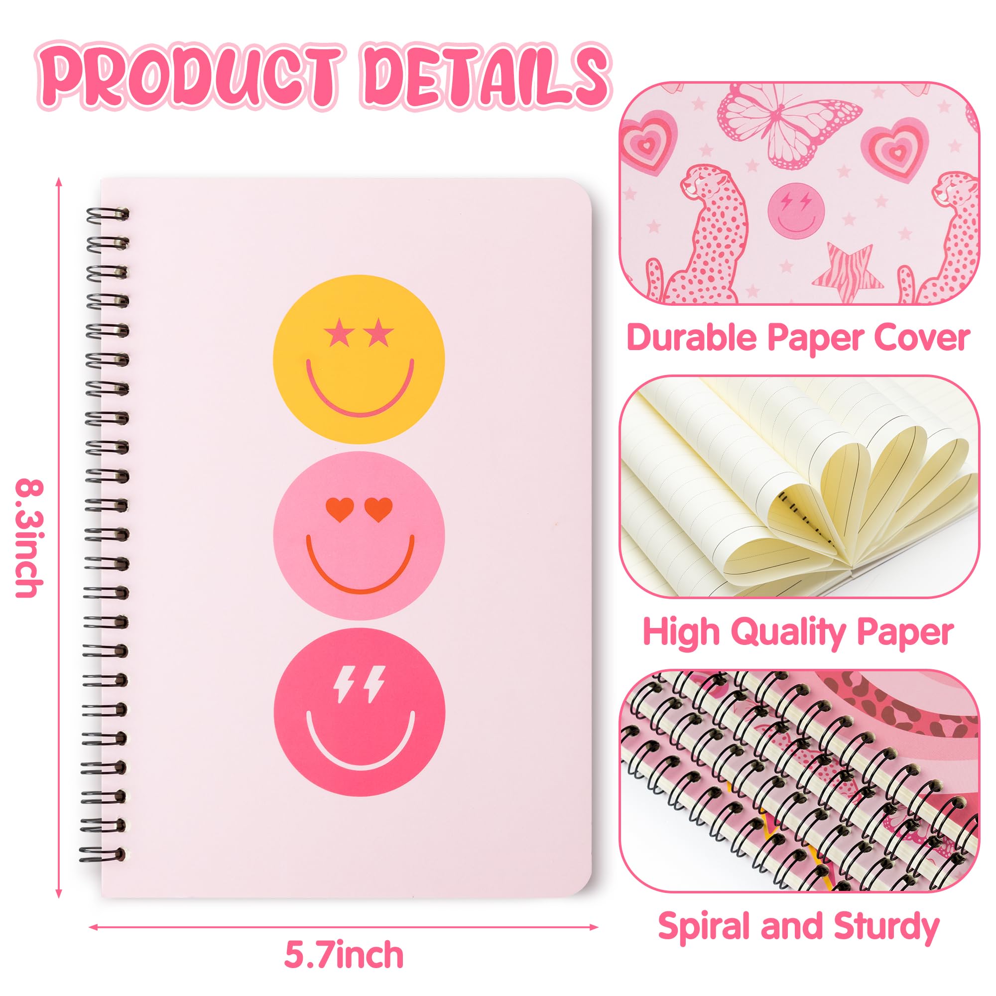 L1rabe 4 A5 Preppy Spiral Notebooks Christmas Gift Y2K Notepads Travel Journal for Kids Teens Cute Pink Smile Hardbound College Ruled Exercise Book for Girl School Office Supplies Winter New Year Gift