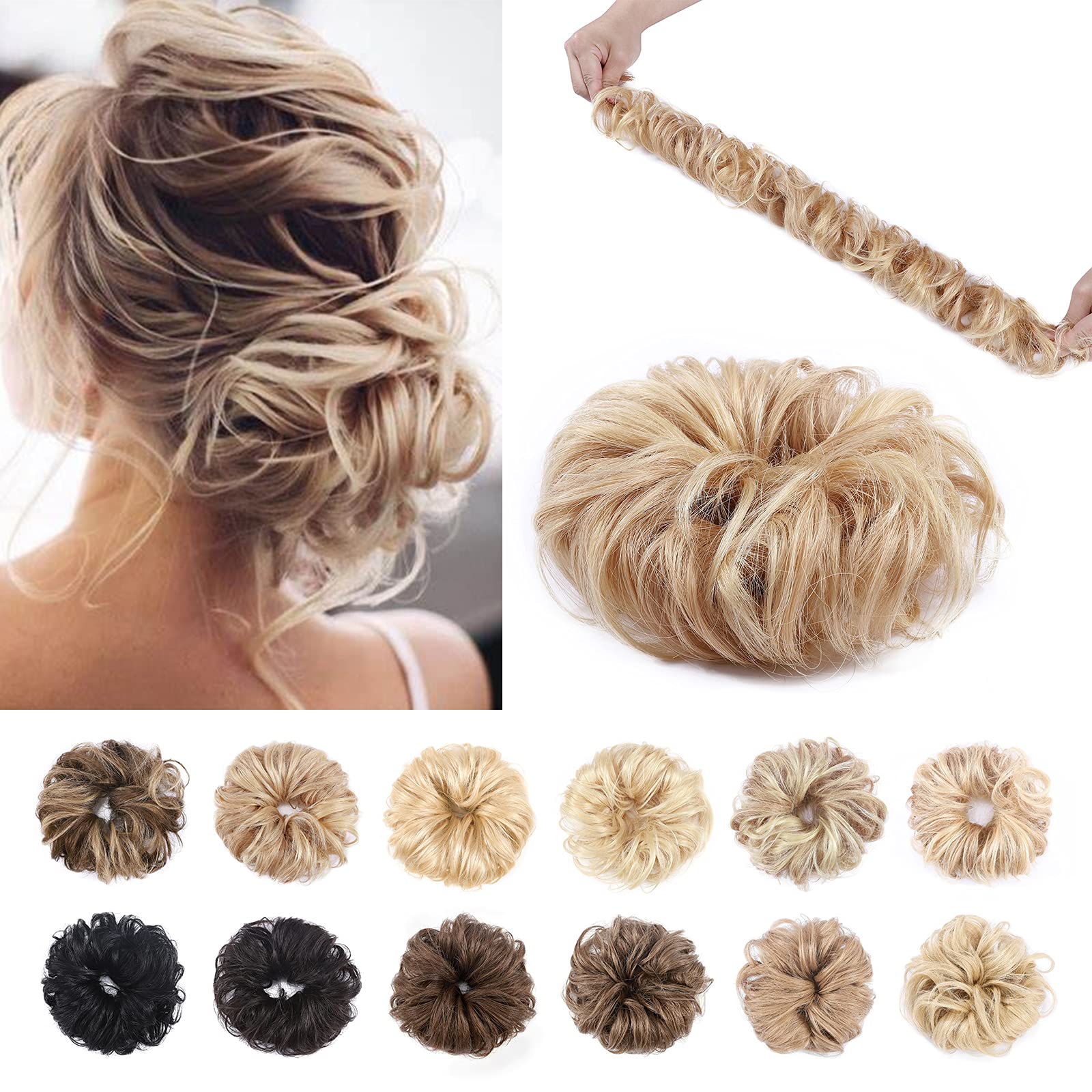 Silk-co Messy Remy Silky Soft Scrunchies Wrap Bun Extensions Real Human Hair Curly Wavy Pieces For Women Updo Ponytail #18P613 Ash Blonde&Bleach Blonde — image 1