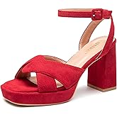 KHPAERMEI Chunky Platform Heels for Women 3.54 Inches Heeled Sandals Comfy Suede Open Toe Ankle Strap Dress High Heels Prom Wedding
