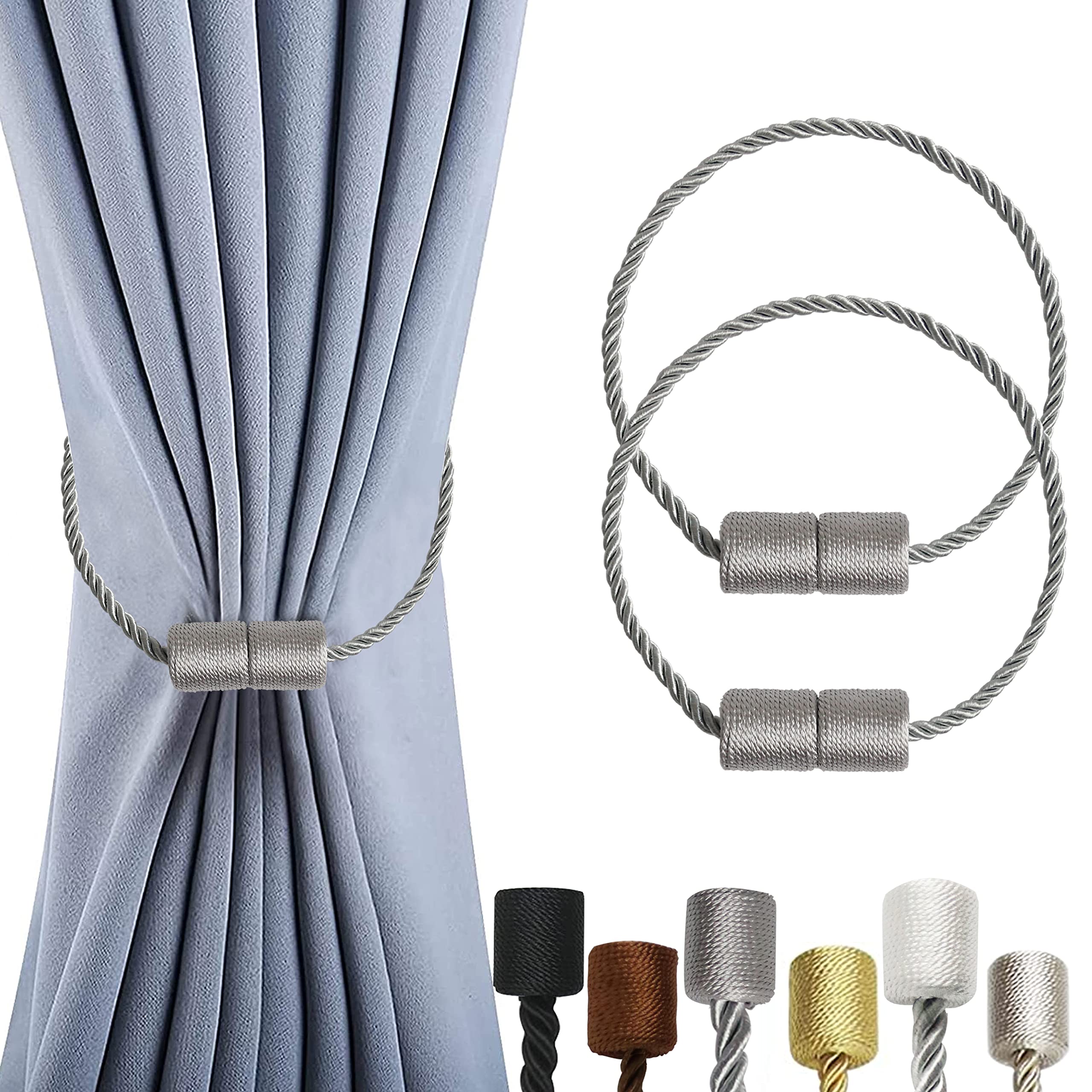 OCIOLI 2 Pack Magnetic Curtain Tiebacks Curtain Holdbacks Curtain Ties Outdoor Curtain Tiebacks Modern Rope Tiebacks Drapery Holdbacks Tie Backs for Curtains (Grey, 2)