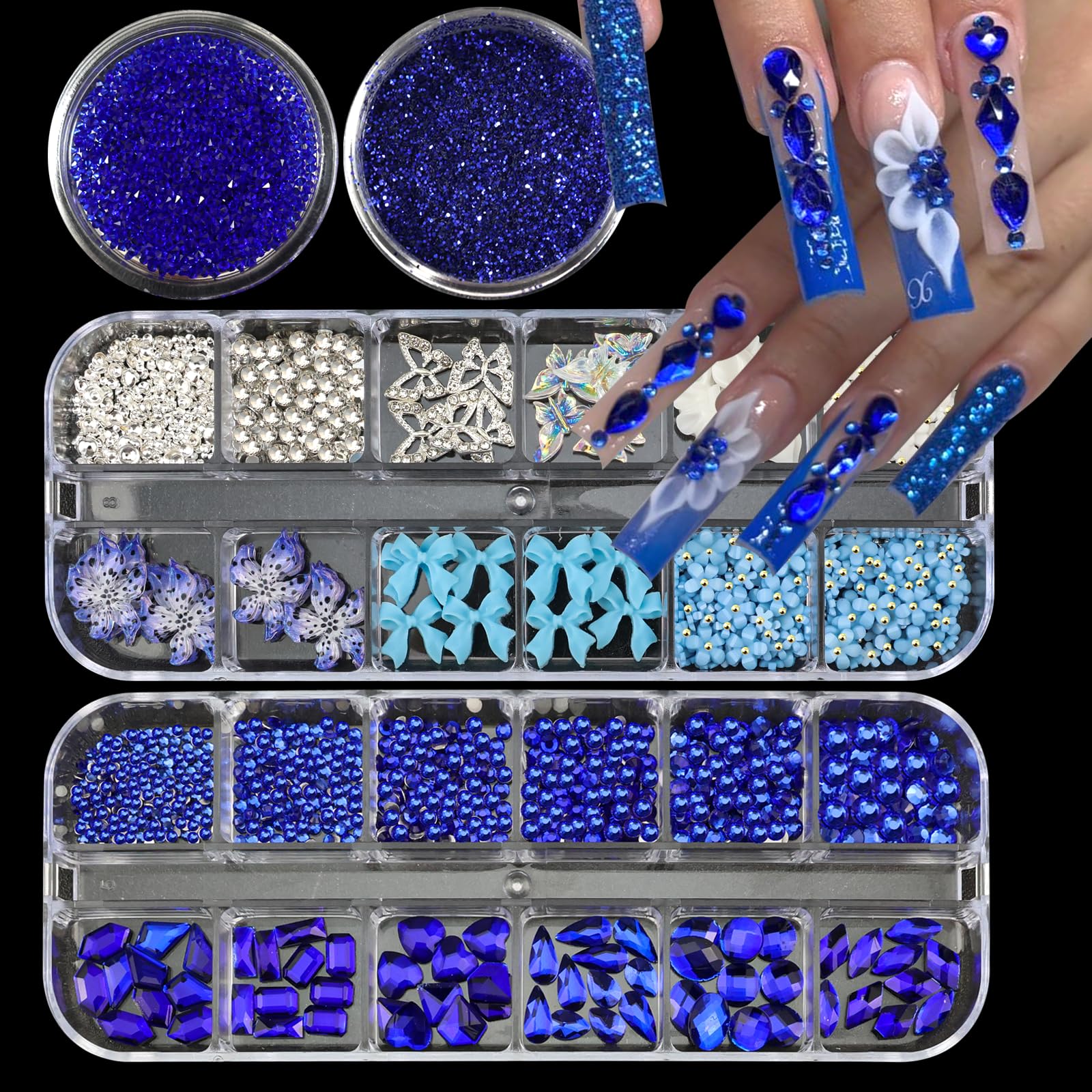 Photo 1 of VOTACOS 4 Boxes Blue Nail Gems Bow Flower Nail Charms for Acrylics - Irregular Crystals, Nails Rhinestone & Accessories for Women Nails Art Design Nails Decor(Blue)