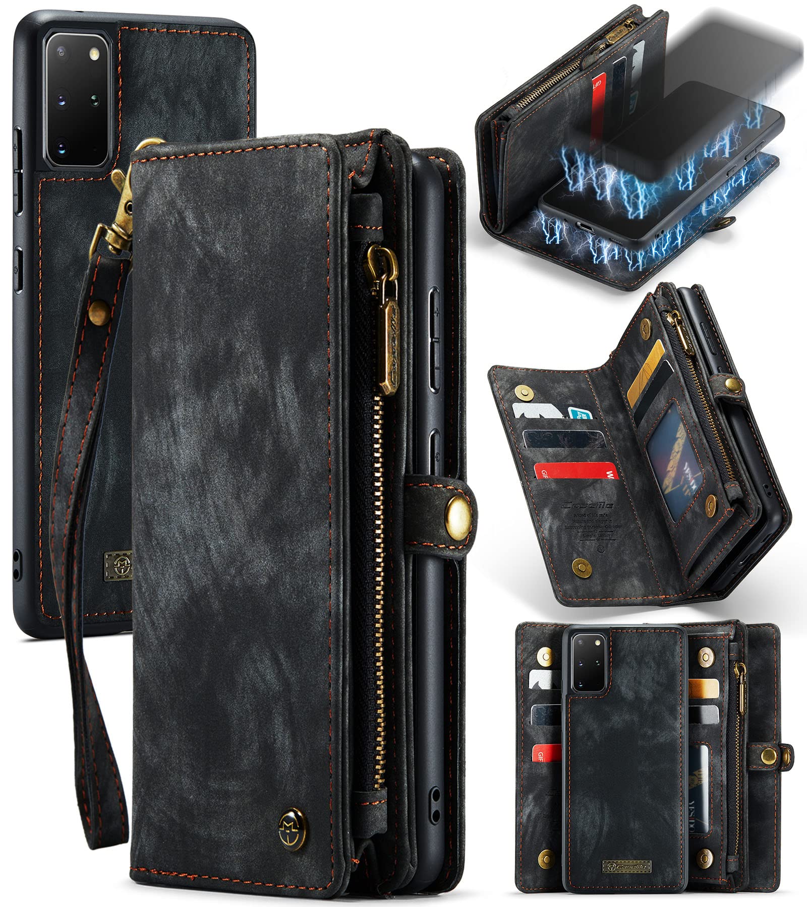 UFinetech Detachable Samsung Galaxy S20 Plus Case Wallet TPU Leather Flip Magnetic Slot Card Holder Zipper 2020 Stylish Luxury Designer 2-in-1 Purse Holster Cover for Samsung Galaxy S20+ 5G Black