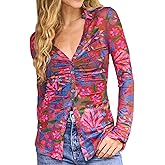 Women Sheer Mesh Print Button Up Shirt Long Sleeve V Neck Floral Shirt Blouse Sexy Slim Fit Buttons Y2K Cardigan Shirts