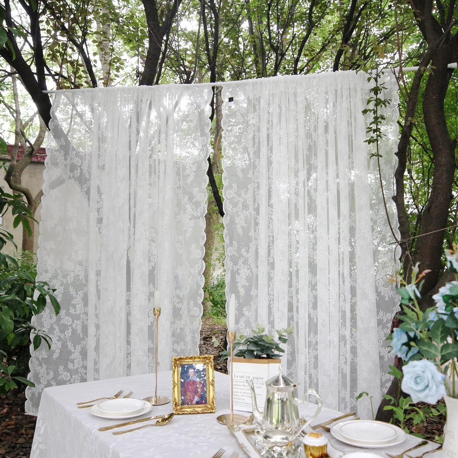 Primst White Floral Embroidered Lace Sheer Curtains with Curtain Tieback, Rod Pocket Window Voile Drapes for Living Room Bedroom Wedding Stage Decor (59W x 90L Inch, 2 Panels)