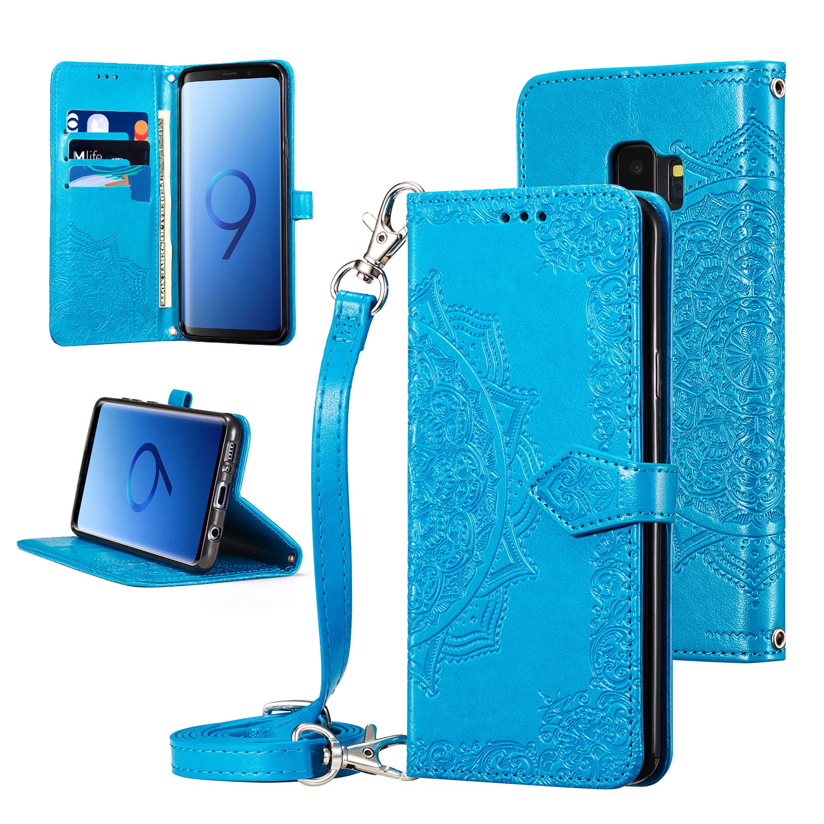QLTYPRI Case for Samsung Galaxy S9 Plus, Premium Leather Wallet Case Card Holder Shoulder Strap Embossed Flower Pattern Magnetic Protective Cover for Samsung Galaxy S9 Plus - Blue
