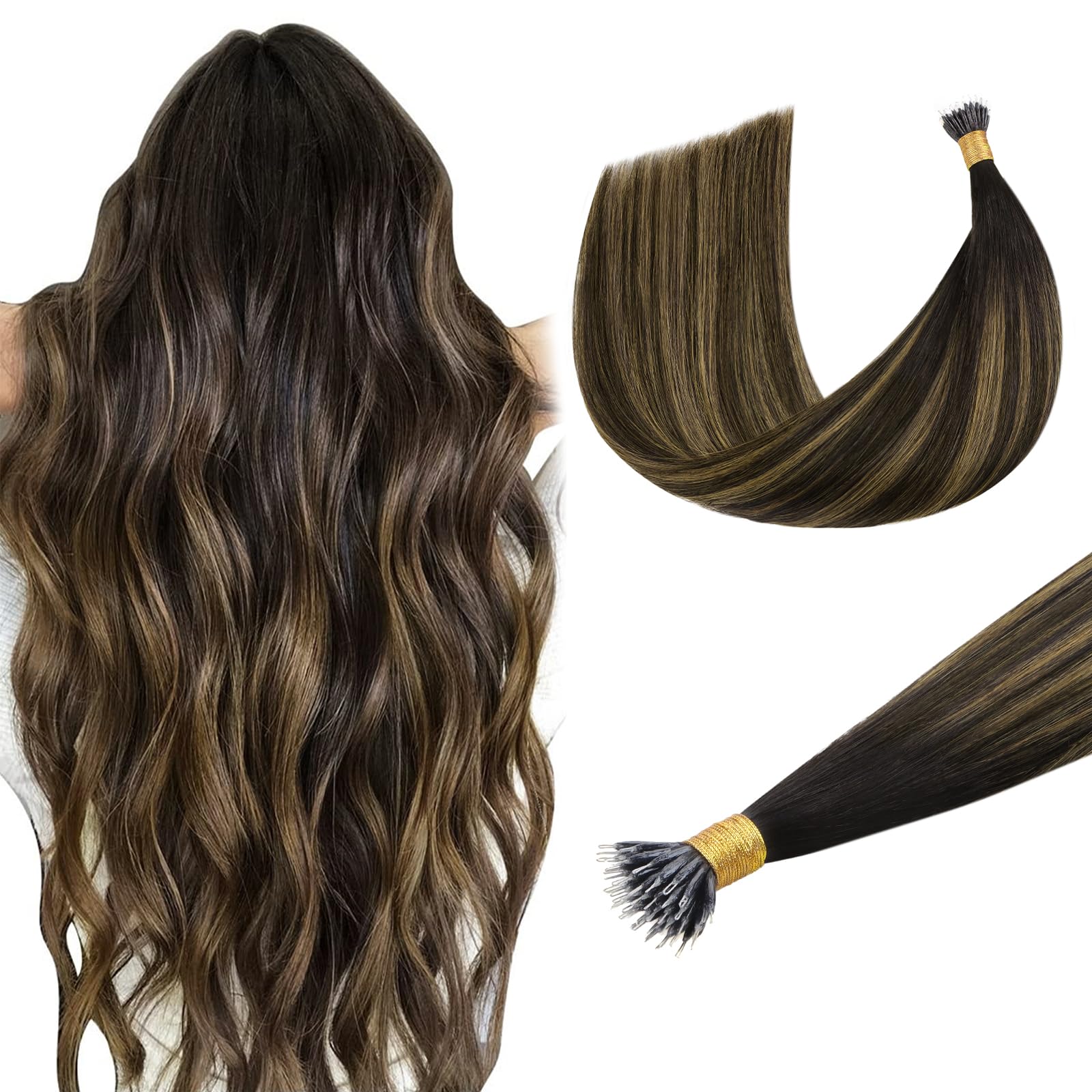 DOORES Nano Hair Extensions Real Human Hair, 22 Inch 50g 50s Balayage Dark Brown to Chestnut Brown, Remy Nano Hair Extenisons Lightweight Full Head