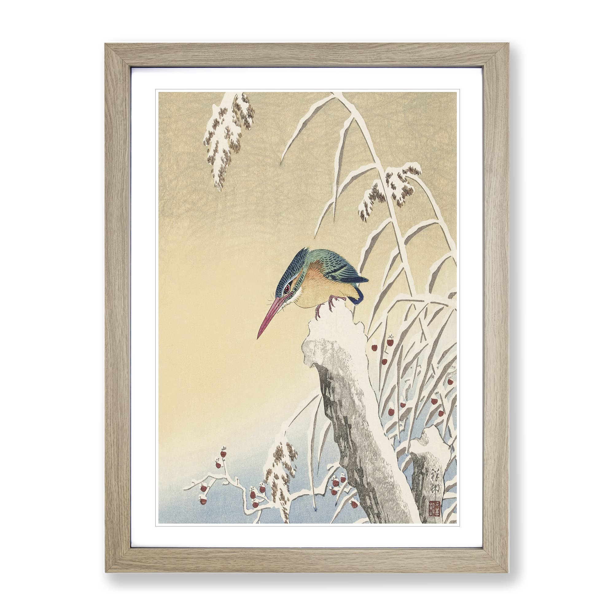 Kingfisher In The Snow By Ohara Koson Asian Japanese Framed Wall Art Print, Ready to Hang Picture for Living Room Bedroom Home Office Décor, Oak A4 (34 x 25 cm)