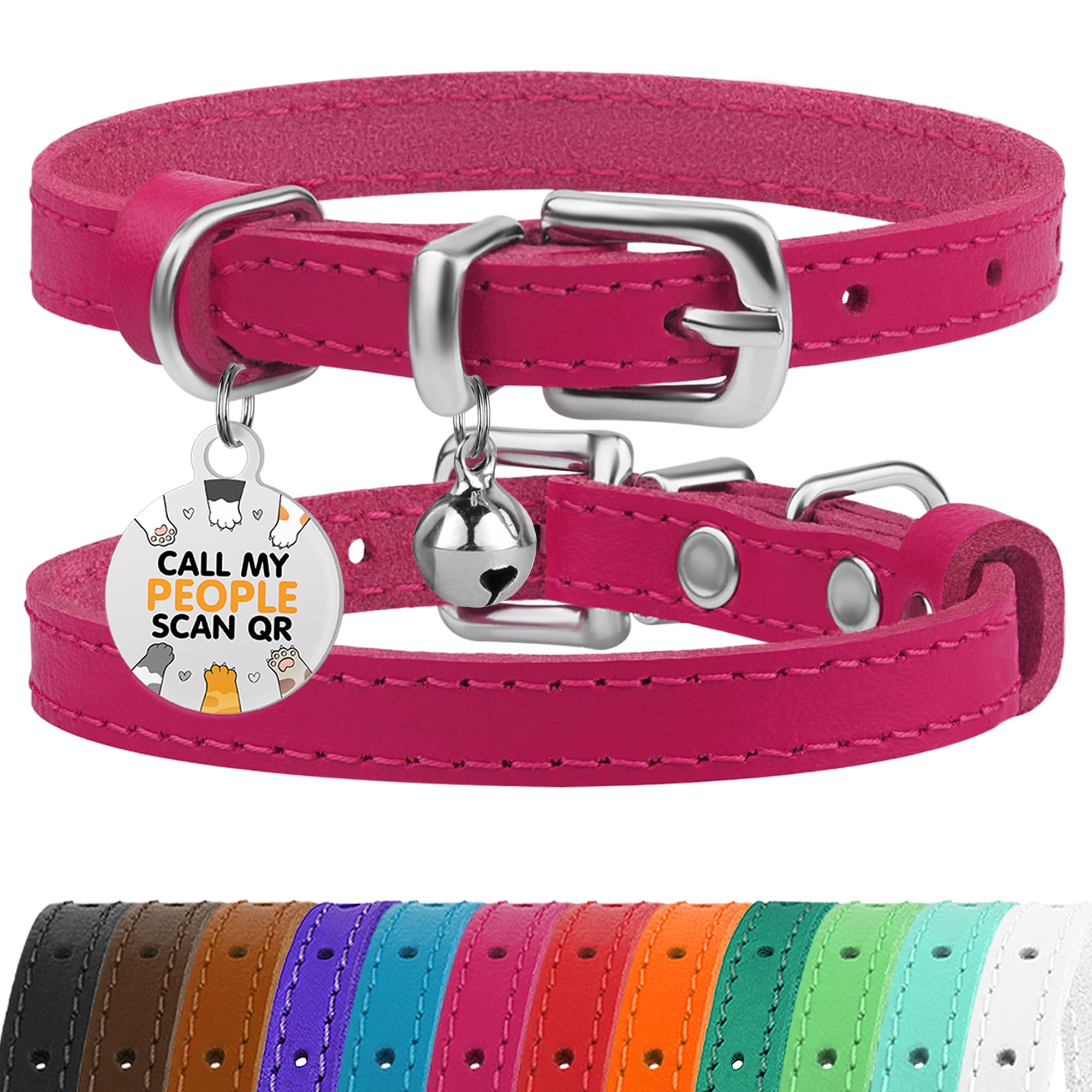 BRONZEDOG Leather Cat Collar with Removable QR-ID Tag – Kitten Collar with Bells, Non-Breakaway, for Girls & Boys (23-28 cm, Pink & Silver) ​