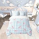 jejeloiu Bowknot Comforter Set with Sheets 7 Piece Twin Size Blue Pink Bedding Set for Kids Boys Girls Pink Bow Bed in a Bag Colourful Bowknot Room Decor Microfiber