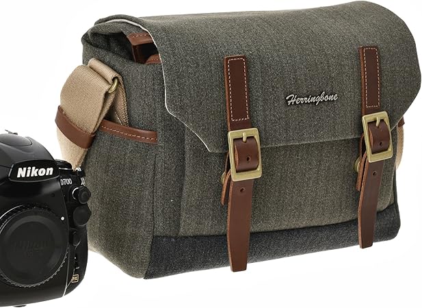 Amazon ヘリンボーンカメラバック Herringbone Postman 一眼レフ ミラーレス カメラバック ショルダー形 高級感 Dslr ディジタルカメラ入れ 小さいサイズ H1001 オリーブ カメラバック ケース 通販
