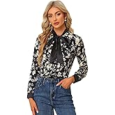Allegra K Satin Floral Shirt for Women's Elegant Office Long Sleeve Contrast Tie Neck Blouse
