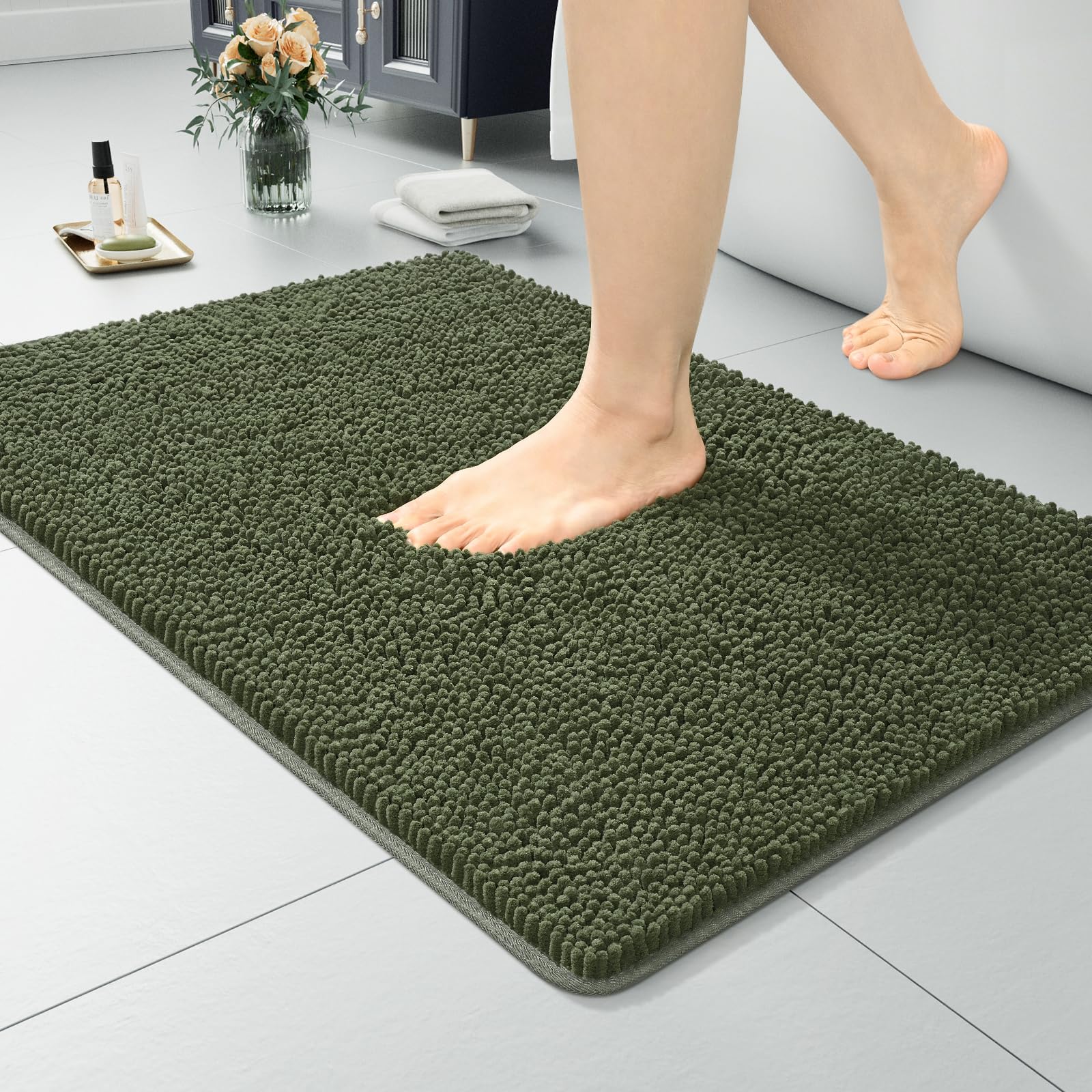 Photo 1 of LOCHAS Luxury Bathroom Rug Shaggy Bath Mat 24 x 17 Inch, Washable Non Slip Bath Rugs for Bathroom Shower, Soft Plush Chenille Absorbent Carpets Mats, Olive Green