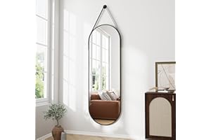 ZMYCZ Full Length Mirror, Oval Wall Mounted Mirror, 48"x16" Door Mirrors Full Length with Hanging Leather Strap with Aluminum Frame for Bathroom Living Room Entryway (Black)