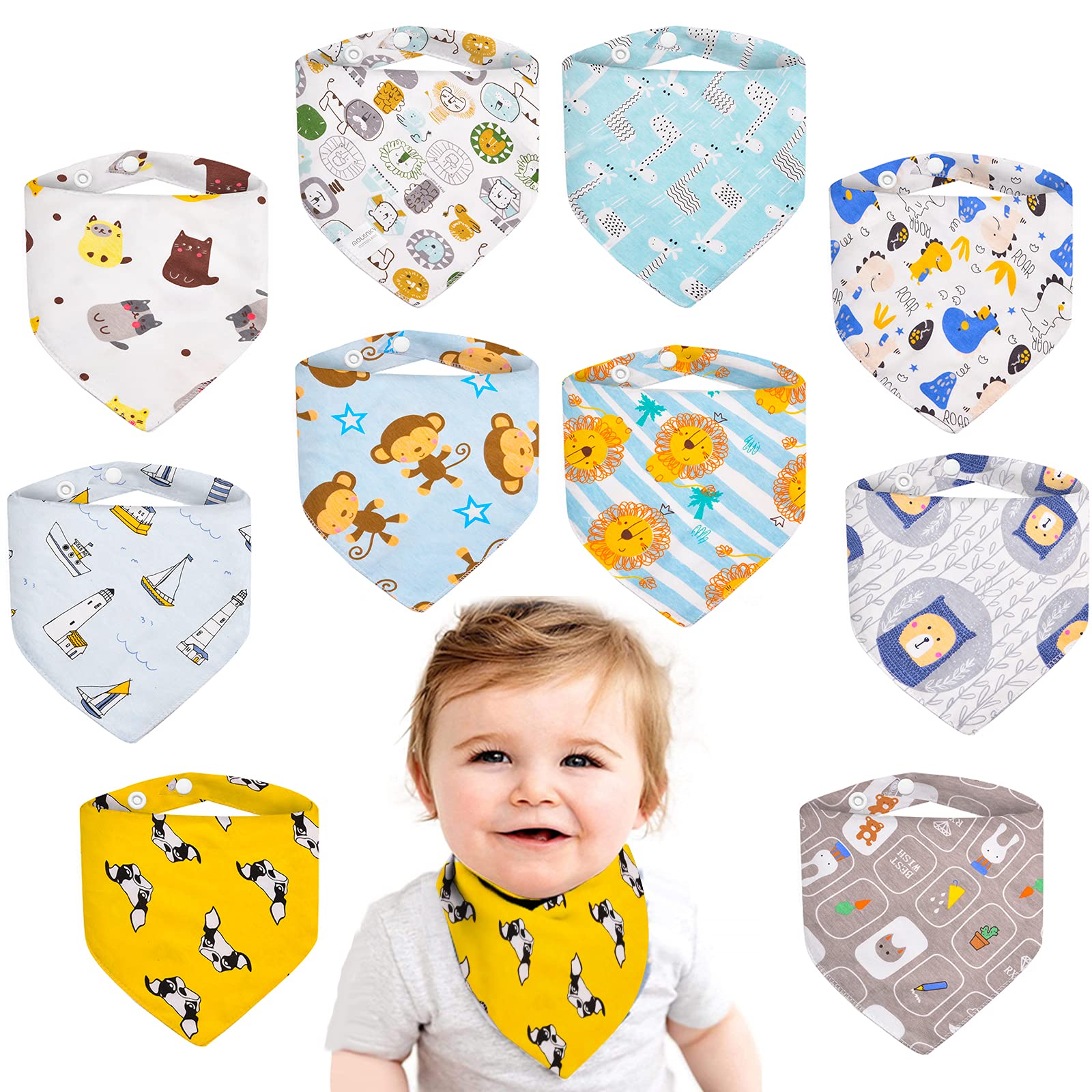 Molenky Baby Bib with 2 Adjustable Press Studs, Set of 10, 100% Cotton Baby Triangular Scarf for Boys and Girls, Baby Neckerchief, Soft & Absorbent, Neckerchiefs Drool Bibs