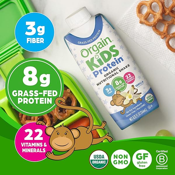 ORGAIN ORGANIC KIDS NUTRITIONAL PROTEIN SHAKE, VANILLA, HEALTHY KIDS SNACKS, 8G DAIRY PROTEIN, 3G FIBER, 22 VITAMINS & MINERALS, NO SOY INGREDIENTS, GLUTEN FREE, NON-GMO, 8.25 FL OZ (PACK OF 12)