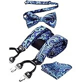 HISDERN Suspenders for Men Paisley Floral Bow tie Suspender Pocket Square Sets Adjustable Y Shape 6 Clips Wedding Braces