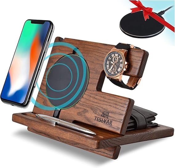 Amazon Com Teslyar Wood Phone Docking Station Ash Key Holder Wallet Stand Watch Organizer Men Gift Husband Wireless Charging Pad Slim Birthday Nightstand Purse Tablet Compatible With All Qi Devices