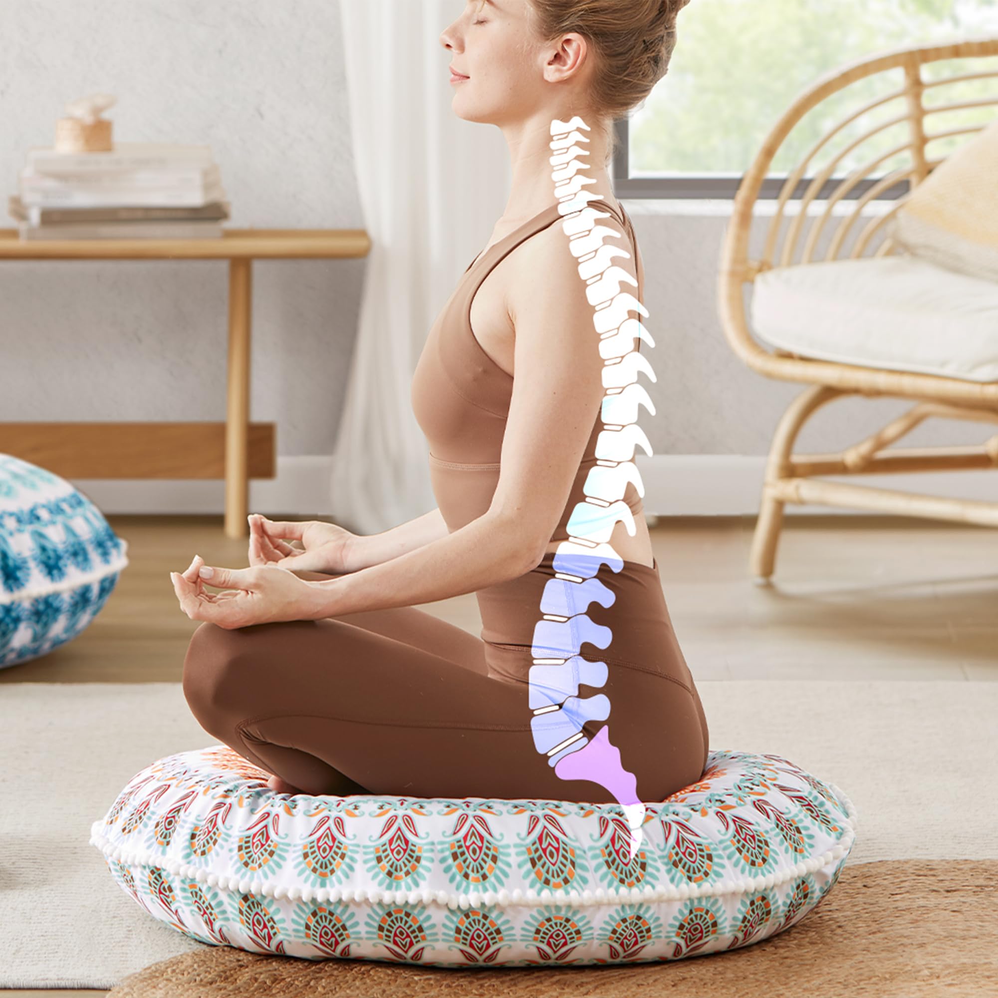 Codi Meditation Floor Pillow, Round Large Pillows Seating for Adults, Bohemian Mandala Circle Cushion for Outdoor Fireplace Yoga Living Room, 32 Inch, Memory Foam Added, Coral - Image 7