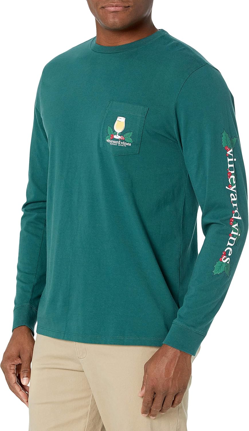 Vineyard Vines Camiseta de Manga Larga con Bolsillo Holiday Spirits
