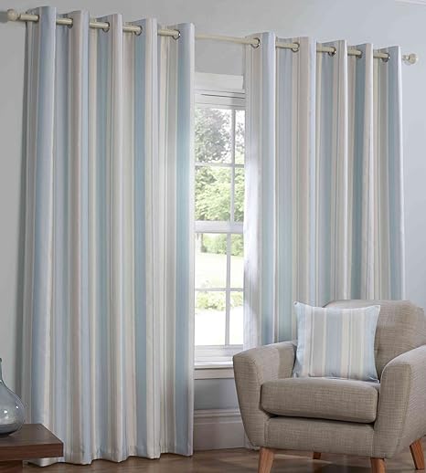 Marina Lined Eyelet Curtains Stripes 90 X 90 Duck Egg Blue Light