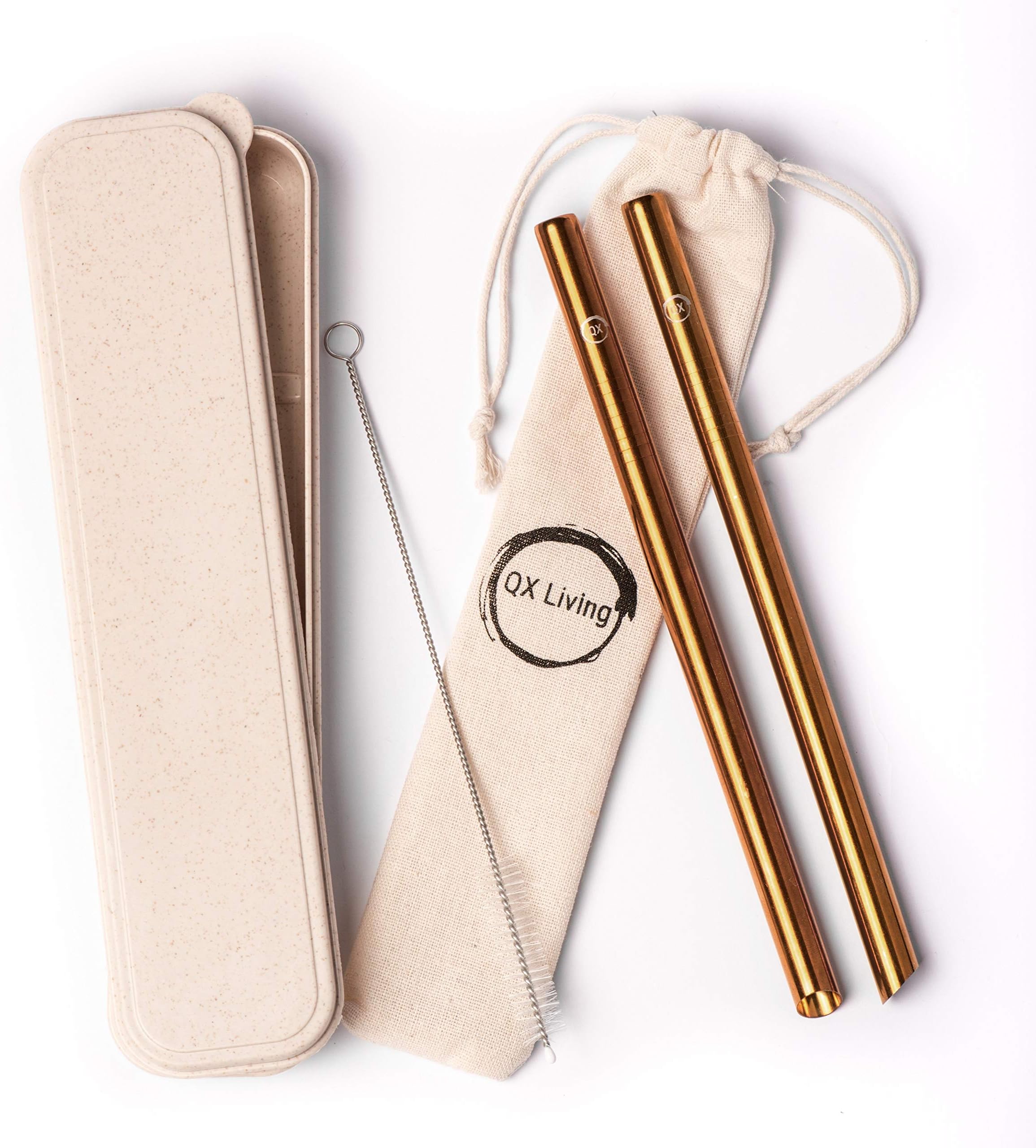 QX LIVING Wide Metal Straws with Case and Pouch, Reusable Straws for Bubble Tea, Juices and Smoothies, 0.6 Inch Diameter, Rose Gold Color