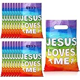 Hosuly 100 Pieces Jesus Loves Me Gift Bags Bulk Christian Jesus Easter Plastic Goody Bags with Handles Religious Cross Candy Treat Gifts for VBS Church Party Supplies Party Favor Decoration