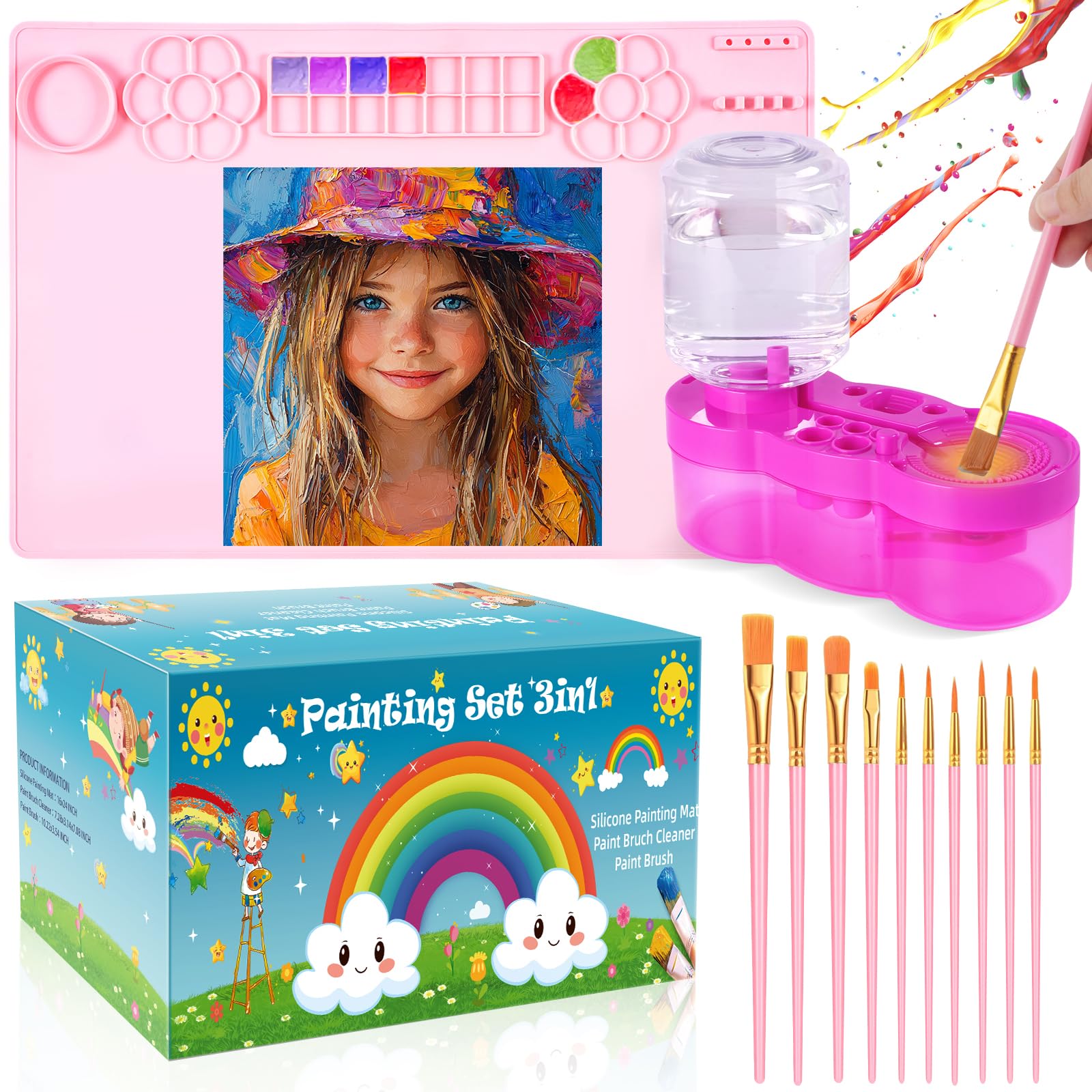 All-in-One Painting Station for Kids – 15.7"x23.6" Silicone Painting Mat with Paint Brush Cleaner Tool and 10 Brushes, Ideal for Acrylic Painting and DIY Crafts（Pink）