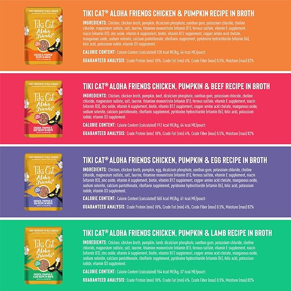 TIKI CAT ALOHA FRIENDS VARIETY PACK, MEATY FLAVORS MIXED WITH PUMPKIN, WET, HIGH-PROTEIN & HIGH-MOISTURE CAT FOOD, FOR ALL LIFE STAGES, 2.5 OZ. POUCH (PACK OF 12)