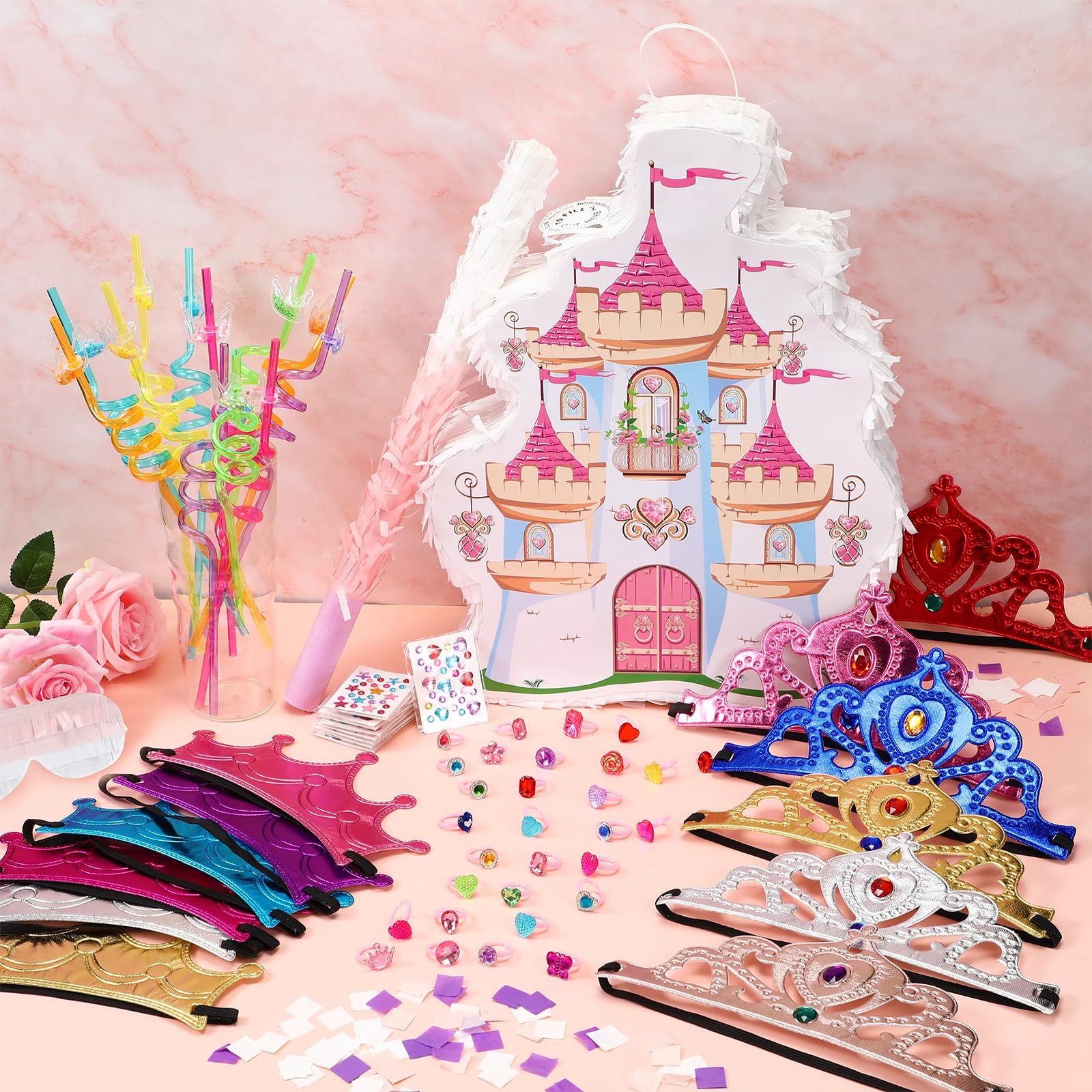 Syhood 70 Pcs Castle Princess Party Decorations Set Princess Castle Piñata Tiaras Crown Blindfold Mask Gem Stickers Gem Rings and Straws for Theme Birthday Party Supplies Decor