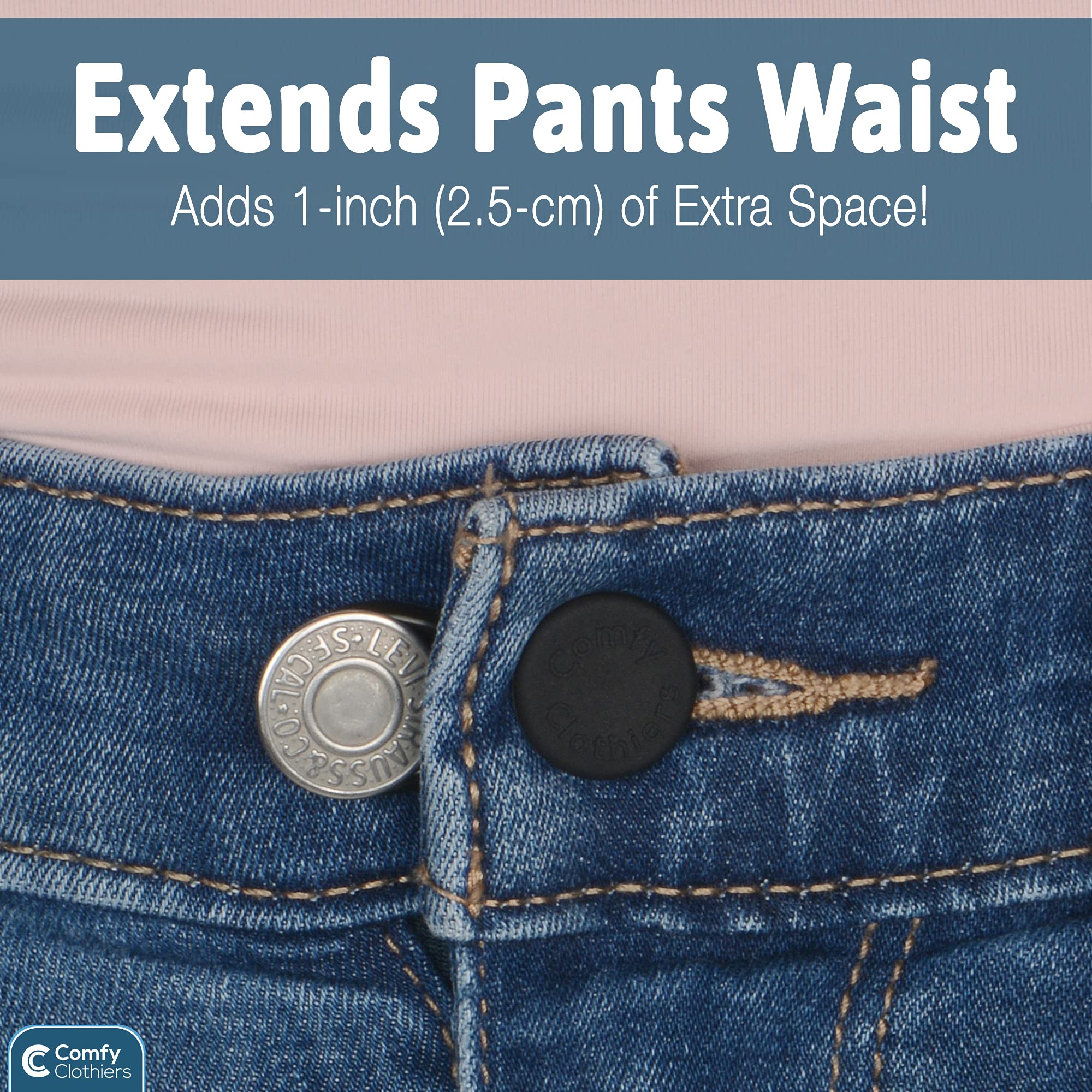 Comfy Clothiers Unisex Flexible Button Waist Extenders (6-Pack, Black) - Adds 1-2 Inches to Pants Waistline - Jeans, Dress Pants, Shorts, Skirts - No Sewing Required - Net Focus