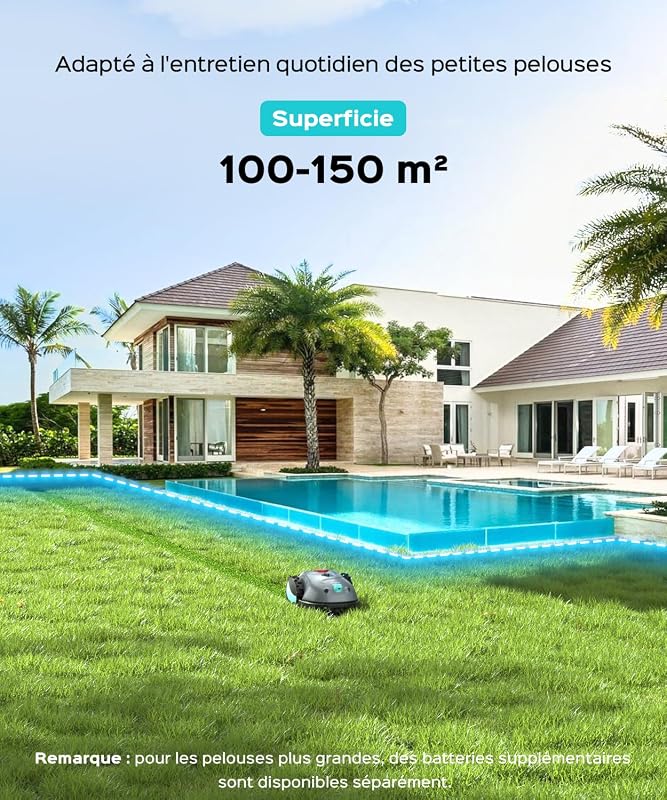 V100 Robot Tondeuse sans Fil Périphérique, avec Caméra, évitement d'obstacles, Navigation Visuelle, 150㎡ Robot Tondeuse Gazon Batterie 4 Ah, avec Lames de Rechange, Coupe en Spirale