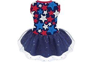 MIIEMIU 4th of July American Holiday Starshine with Red Blue White USA Stars Patriotic Pattern Mesh Costume Skirt for Small Dogs, Independence Day Dog Dress Outfit for Male and Female Pets Puppies and Kitties