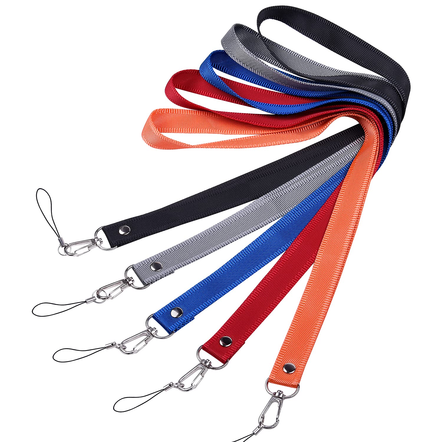 Wisdompro 5 Pcs Office Lanyard, 19 inch Plain Nylon Neck Strap Lanyard with Metal Hook & Tone Split Ring for USB Flash Drive, Keys, Keychains, ID Badge Holders, Phones - Black, Red, Blue, Grey, Orange