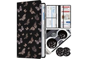 Slohif Car Registration and Insurance Holder - Butterfly Vehicle Glove Box Organizer Women with Magnetic Shut Leather Automobile License Holders Coasters Auto Accessories Case for Document